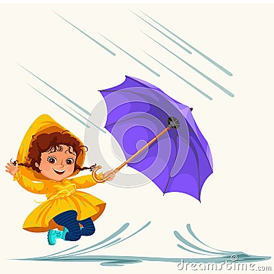 Children walking under raining sky with an umbrella, drops of rain are dripping into puddles, raining boy or girl in Vector Illustration