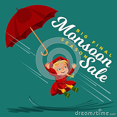 Children walking under raining sky with an umbrella, drops of rain are dripping into puddles, raining boy or girl in Vector Illustration