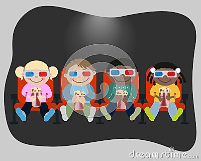 Children watch a movie in a cinema Vector Illustration