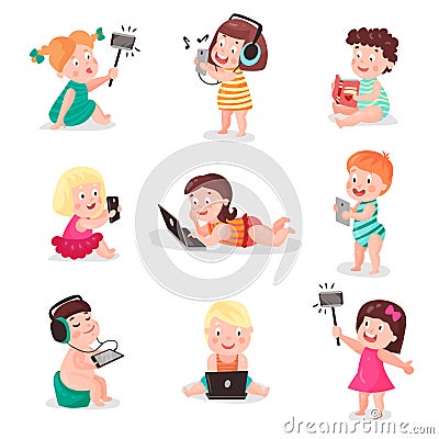 Children watching, listening, photographing and playing with electronic devices, colorful vector Illustrations Vector Illustration