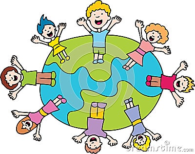 Children Waving Around The World Vector Illustration