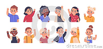 Children waving. Cartoon elementary school kids smiling and showing goodbye or welcome gesture. Cute child portraits Vector Illustration