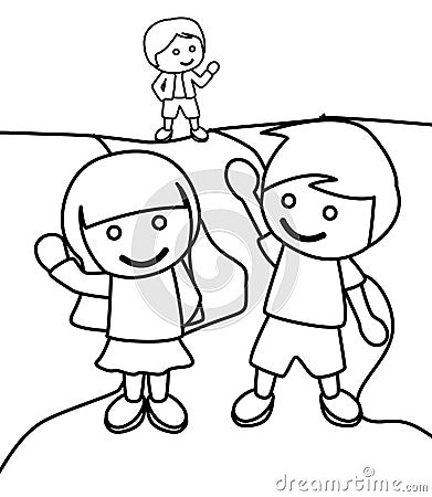 Children waving at each other coloring page Stock Photo
