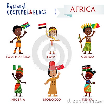 National costumes and flags - Kids of the world - Africa Vector Illustration