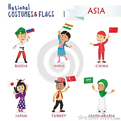 National costumes and flags of the nations - Kids of the world - Asia Vector Illustration