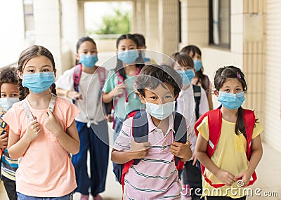 Children wearing face medical mask back to school after covid-19 quarantine Stock Photo