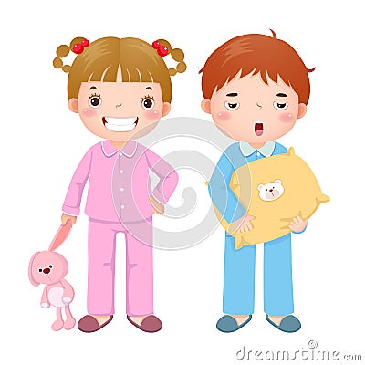 Children wearing pajamas and getting ready to sleep Vector Illustration