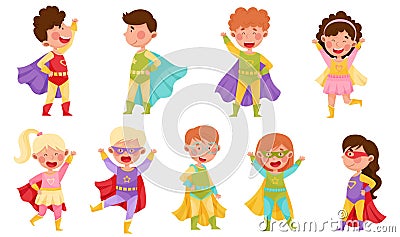 Children Wearing Superhero Costume Pretending to Have Super Power Vector Set Vector Illustration
