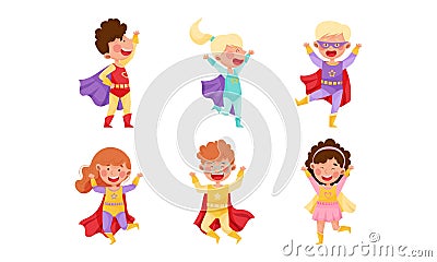 Children Wearing Superhero Costume Pretending to Have Super Power Vector Set Vector Illustration