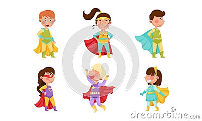 Children Wearing Superhero Costume Pretending to Have Super Power Vector Set Vector Illustration