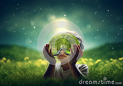 Children wearing vr glasses sleep, dream, bright thoughts, Metaverse, technology futuristic concept, green earth background. Stock Photo