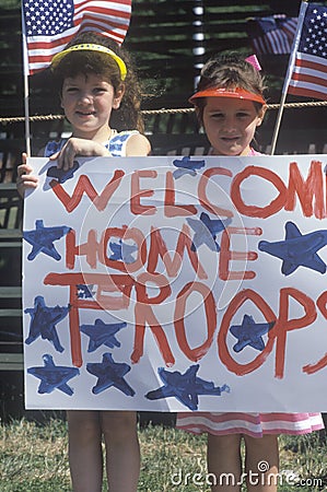 Children welcoming home Desert Storm troops Editorial Stock Photo