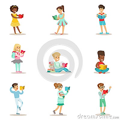 Children Who Love To Read Set Of Illustrations With Kids Enjoying Reading Books At Home And In The Library Vector Illustration