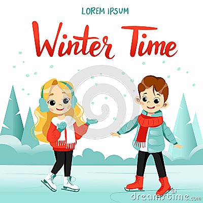 Children winter activity. Cute cartoon boy and girl are skating together on the frozen lake. Vector Illustration