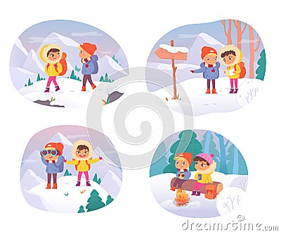 Children in winter adventure, hiking to mountain camp, little boy, girl with backpacks Vector Illustration