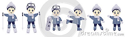 Children winter. Boy athlete skiing, skating and snowboarding in different poses. Set of winter sports and child. Vector Cartoon Illustration