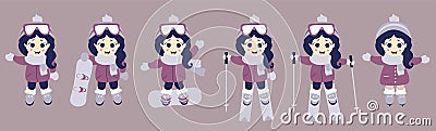 Children winter. Girl athlete goes skiing, skating and snowboarding. A set of winter sports and a child in different poses. Vector Cartoon Illustration