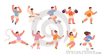 Children workout. Kid sport, wellness and physical health. Child fitness athlete. Isolated cartoon kids wear athletic Vector Illustration