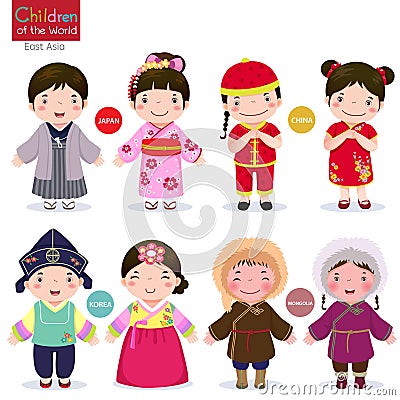 Children of the world; Japan, China, Korea and Mongolia Vector Illustration
