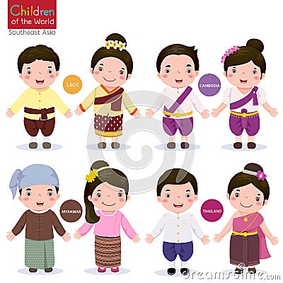 Children of the world; Laos, Cambodia, Myanmar and Thailand Vector Illustration