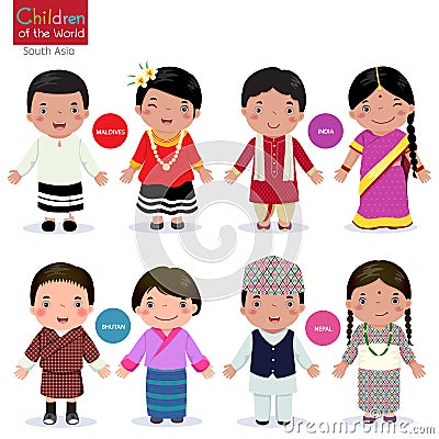 Children of the world (Maldives, India, Bhutan and Nepal) Vector Illustration