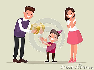 Children's birthday. Parents give her son a birthday present. Ve Cartoon Illustration