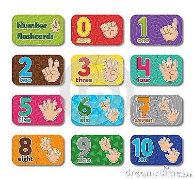Children's educational flashcards with numbers. Counting on the fingers. Kids learn to count zero to ten. Baby cards Vector Illustration