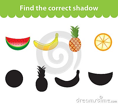 Children's educational game, find correct shadow silhouette. Fruit set the game to find the right shade. Vector illustration Vector Illustration