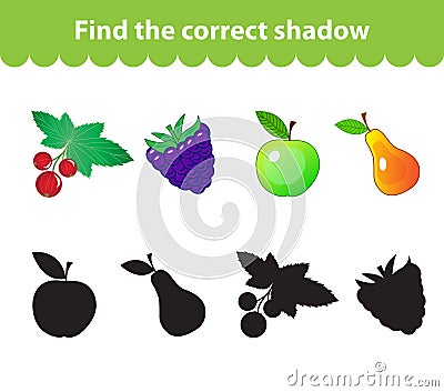 Children's educational game, find correct shadow silhouette. Fruit set the game to find the right shade. Vector illustration Vector Illustration