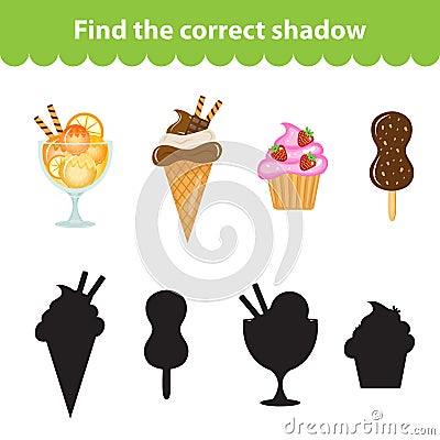 Children's educational game, find correct shadow silhouette. Sweets, ice cream, set the game to find the right shade. Vector Vector Illustration
