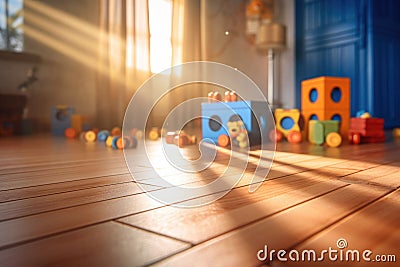 Children's room interior with toys on the wooden floor. Playroom with plastic colorful toys. Generative AI Cartoon Illustration