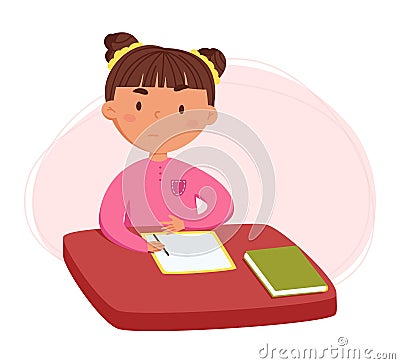 Childrens daily routine vector illustration. Cute cheerful girl doing a homework. Ideal for childrens iteams Vector Illustration