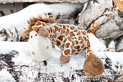 Children's toy giraffe in the snow on birch logs outside a winter country cottage Stock Photo
