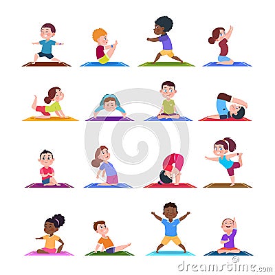 Children in yoga poses. Cartoon fitness kids in yoga asana. Vector characters isolated set Vector Illustration