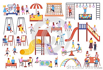 Childrens activities, kids playing at playground, with ball, jumping rope, sandbox, logic games Vector Illustration