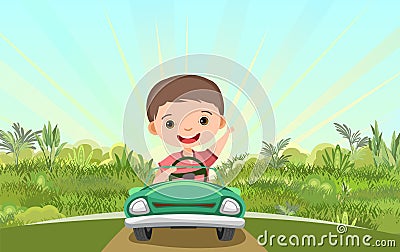 Childrens adventure in small car. Jungle road. Kid drives pedal or electric toy automobile. Cartoon illustration. Summer Vector Illustration