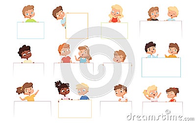 Childrens with banners. Kids holding blank white frames happy boys and girls vector cartoon characters Vector Illustration