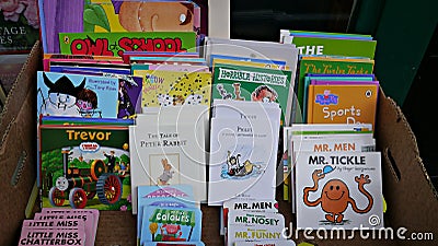 Childrens Books in a box outside a antique book shop Editorial Stock Photo