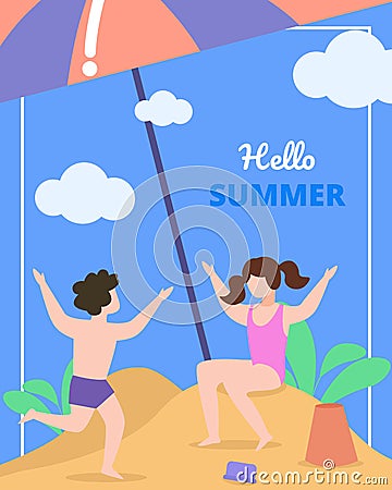 Childrens Card with Inscription Hello Summer. Vector Illustration