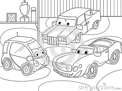 Childrens cartoon coloring book for boys. Vector illustration of a garage with live cars Vector Illustration