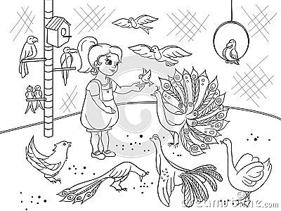 Childrens cartoon coloring the contact birds zoo. Bird black and white picture book. Ornithology for the girl Vector Illustration