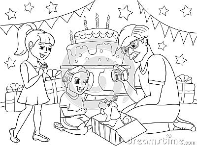 Childrens cartoon coloring of the holiday. Birthday with gifts, a memorable shot. The boy present a puppy to the boy. Vector Illustration