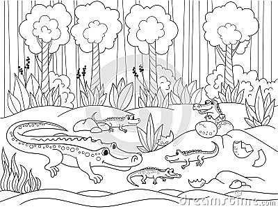 Childrens cartoon family of crocodiles in Africa. Coloring book. Black lines, white background Vector Illustration