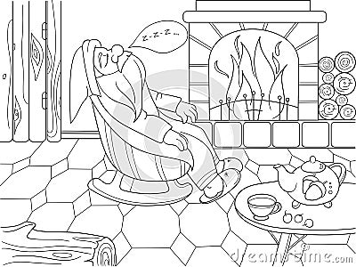 Childrens coloring book cartoon. The interior of the house, the fairy dwarf sleeps near the fireplace. Cartoon Illustration