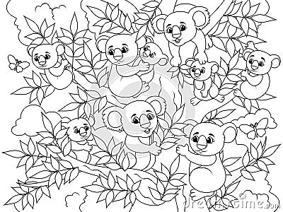 Childrens coloring, a lot of panda bears among the trees. Family of wild animals. Vector Illustration