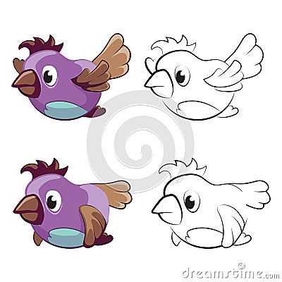 Childrens coloring page with flying cartoon birds - flying birds for coloring Vector Illustration
