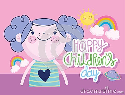 Childrens day, cartoon cute girl rainbow sun lettering decoration card Vector Illustration