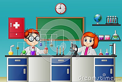 Childrens doing experiment in the lab Vector Illustration