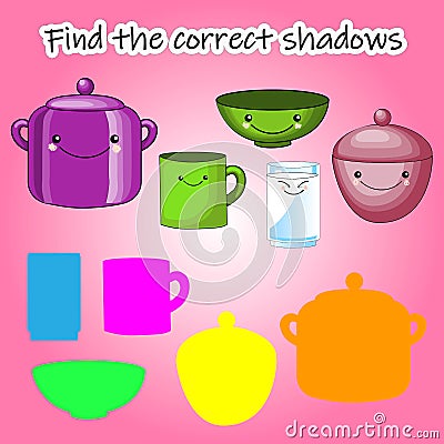 Childrens educational game, find the right shadow silhouette. Kitchen, set up the game to find the right shade. Vector Cartoon Illustration