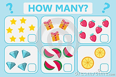 Childrens educational logic game. Mathematical task. How many. Vector illustration. Vector Illustration